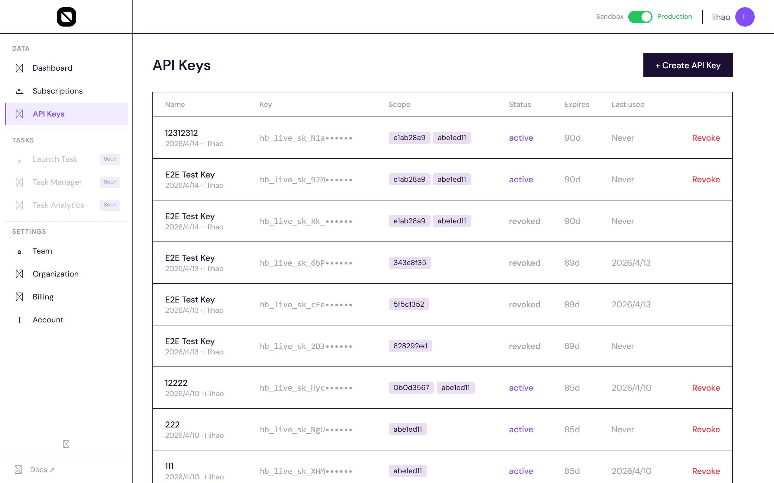 API Keys page