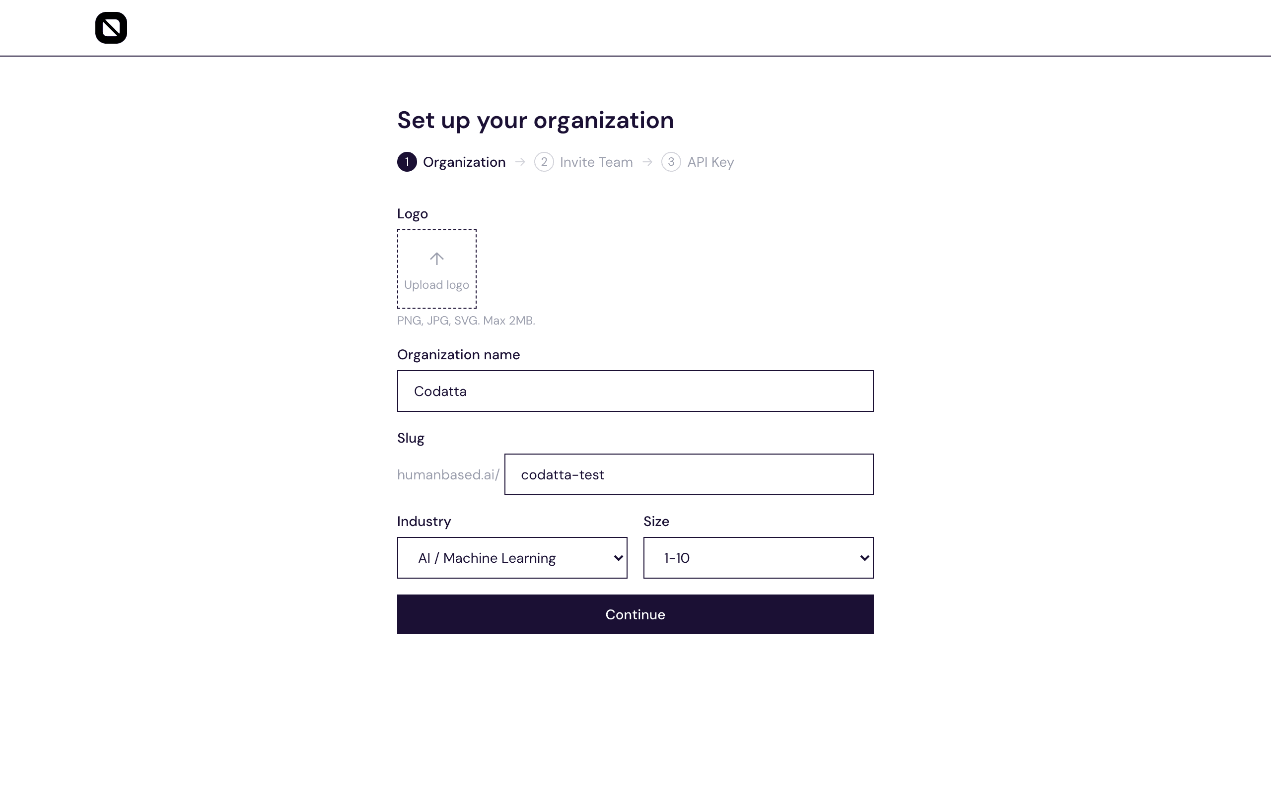 Onboarding — org setup filled