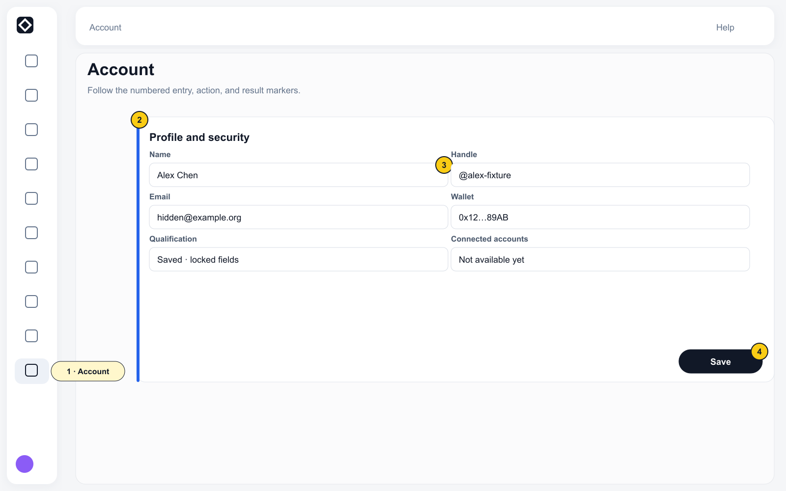 Account with complete navigation, masked public fixture identity and wallet values, locked Qualification state, unavailable connection state, and Save.