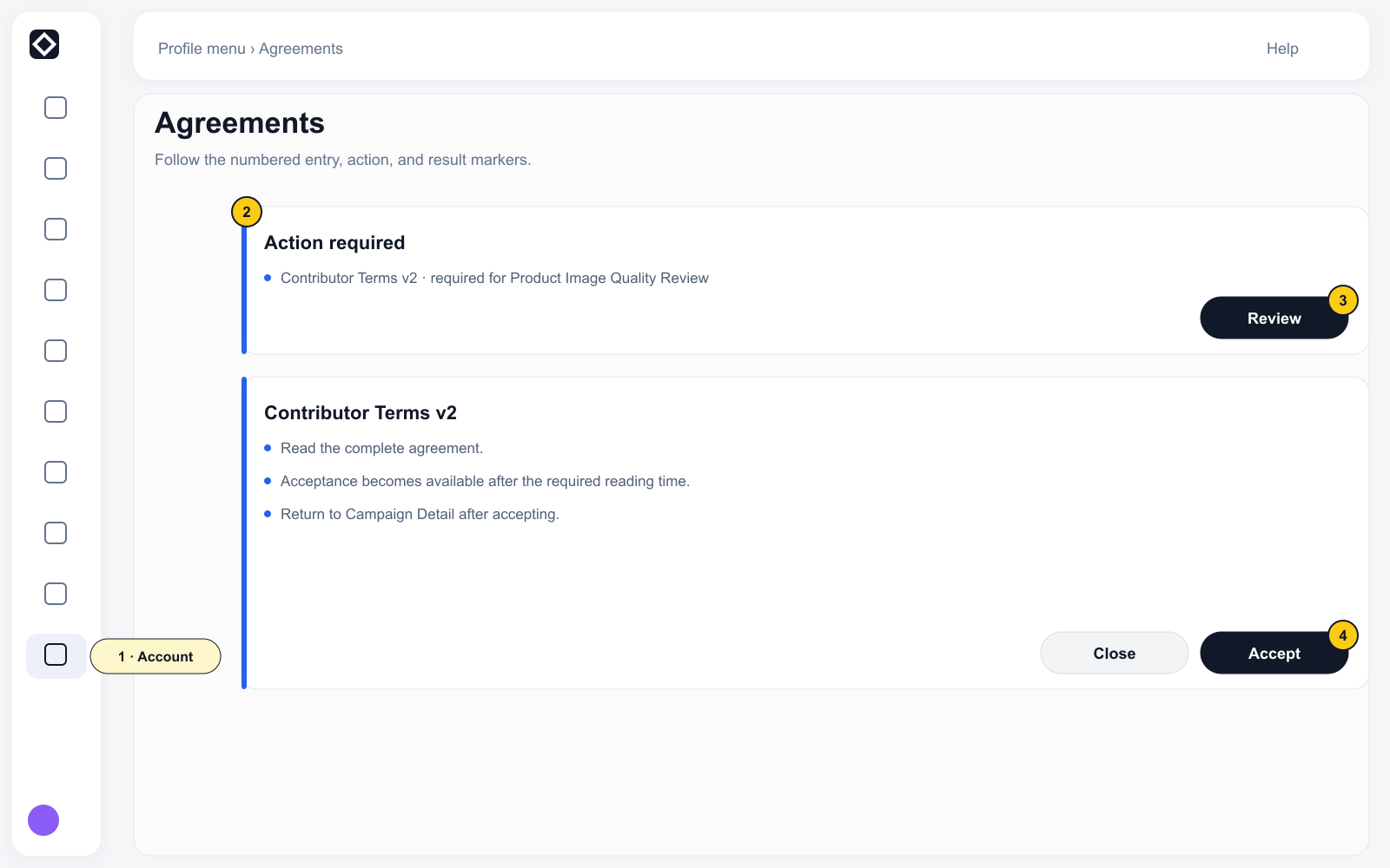 Agreements with complete Humanbased navigation, Action required, Review, reading state, and Accept.