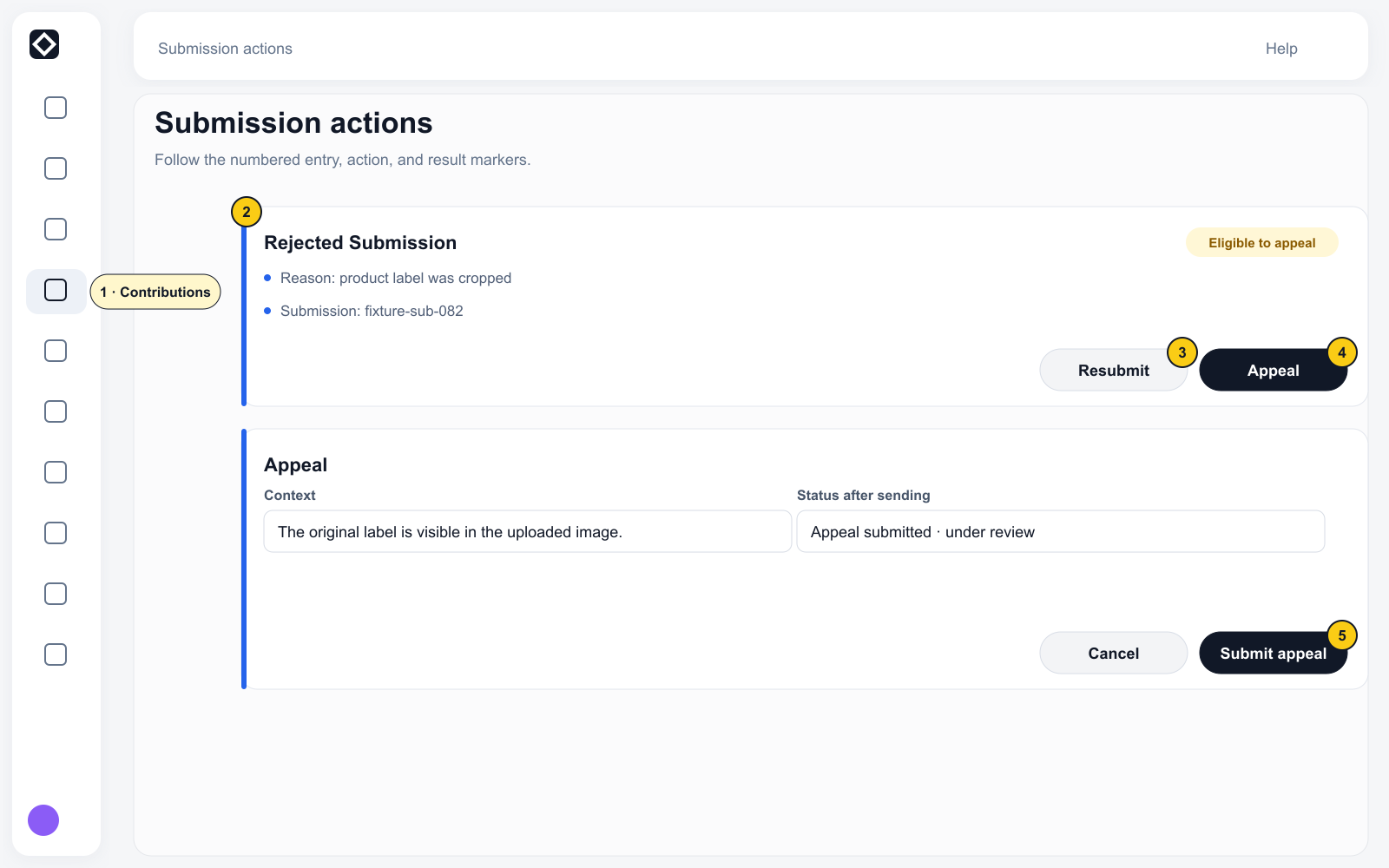Rejected Submission with complete navigation, reason, Resubmit, Appeal, context field, and submitted status.