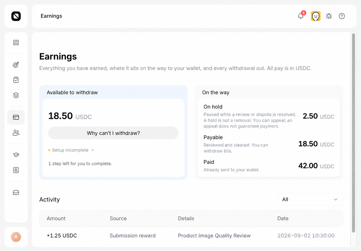Complete Earnings page with fixture balance, payout setup, On hold, Payable, Paid, and Activity