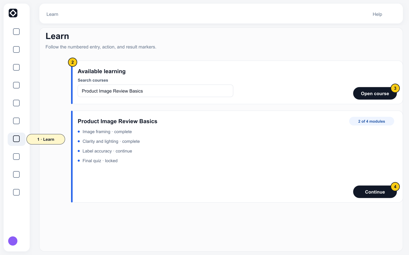 Learn with complete navigation, course entry, module progress, locked result state, and Continue.