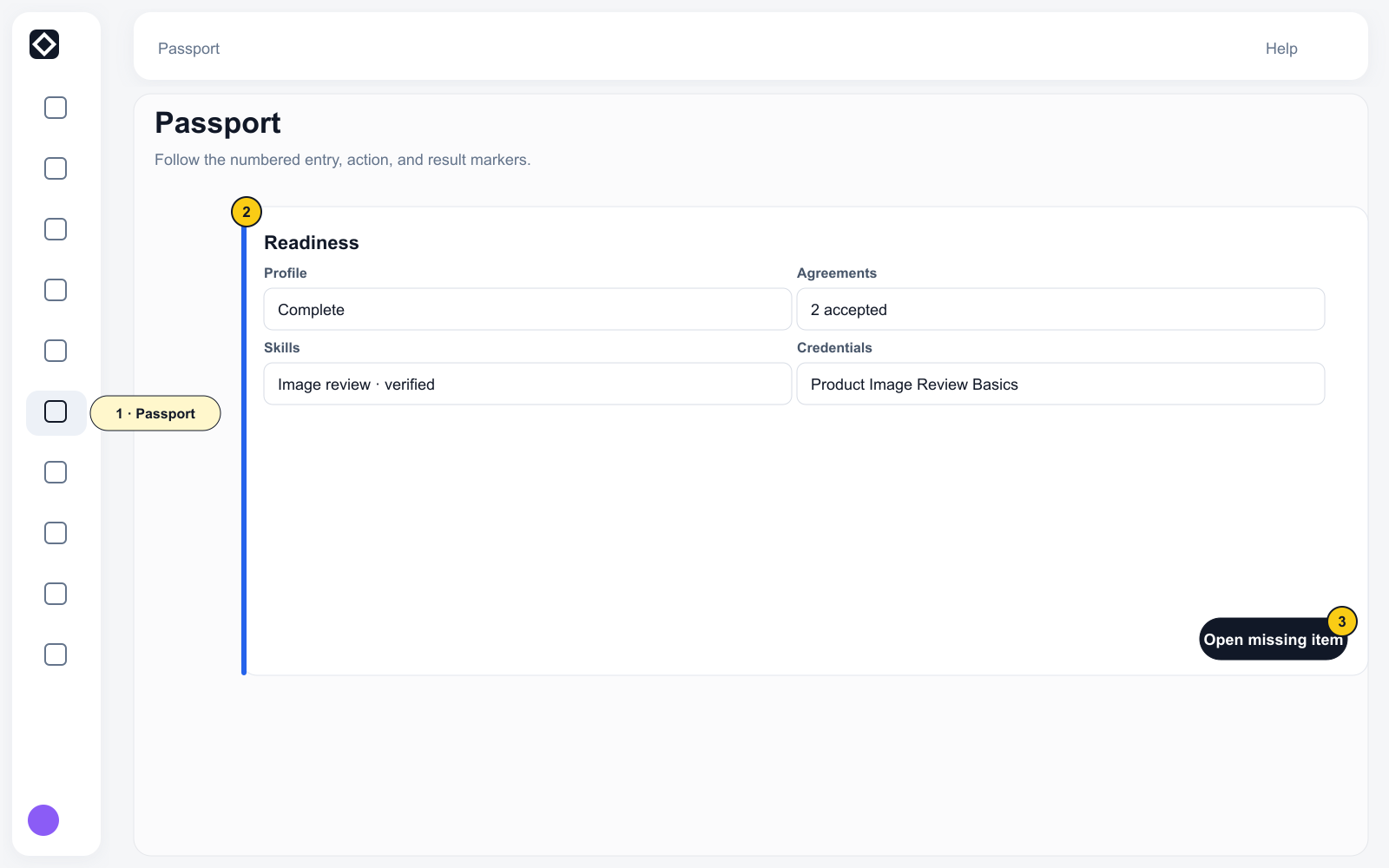 Passport public fixture with complete navigation, readiness categories, masked account context, and the action for an incomplete item.