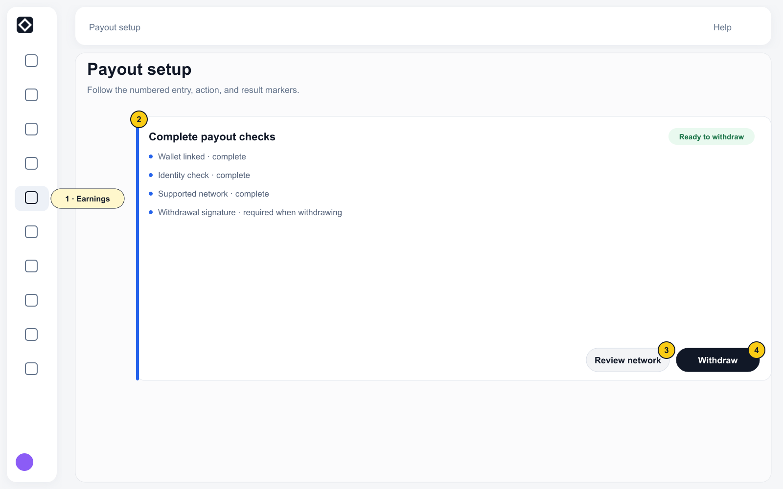 Payout setup with complete navigation, server-reported readiness checks, network review, and Withdraw entry.