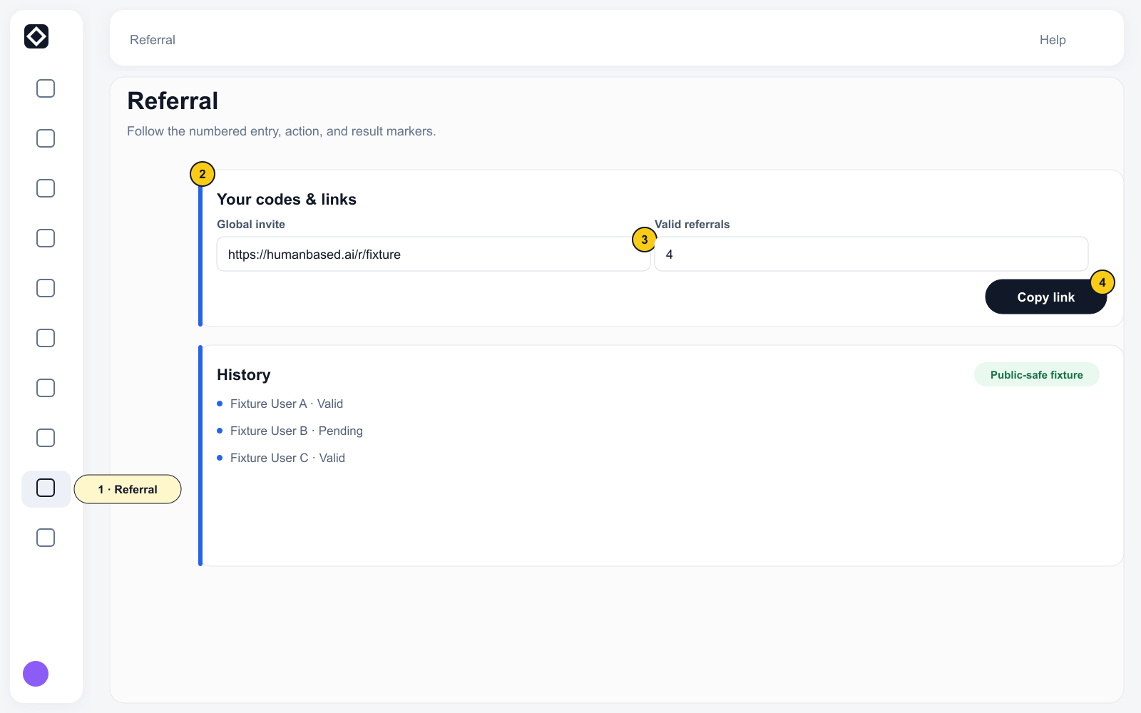 Referral with complete navigation, public fixture invite link, Copy link, and Pending or Valid History states.