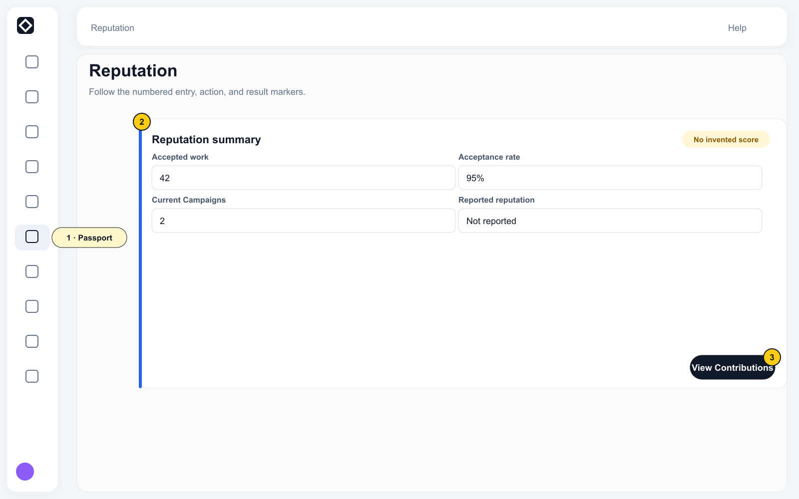 Reputation view with complete navigation, accepted-work evidence, acceptance rate, current Campaign count, and a truthful Not reported state instead of an invented score.