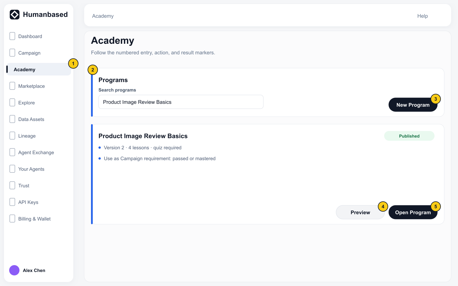Academy page with complete navigation, New Program, public fixture course status, Preview, and Program entry.