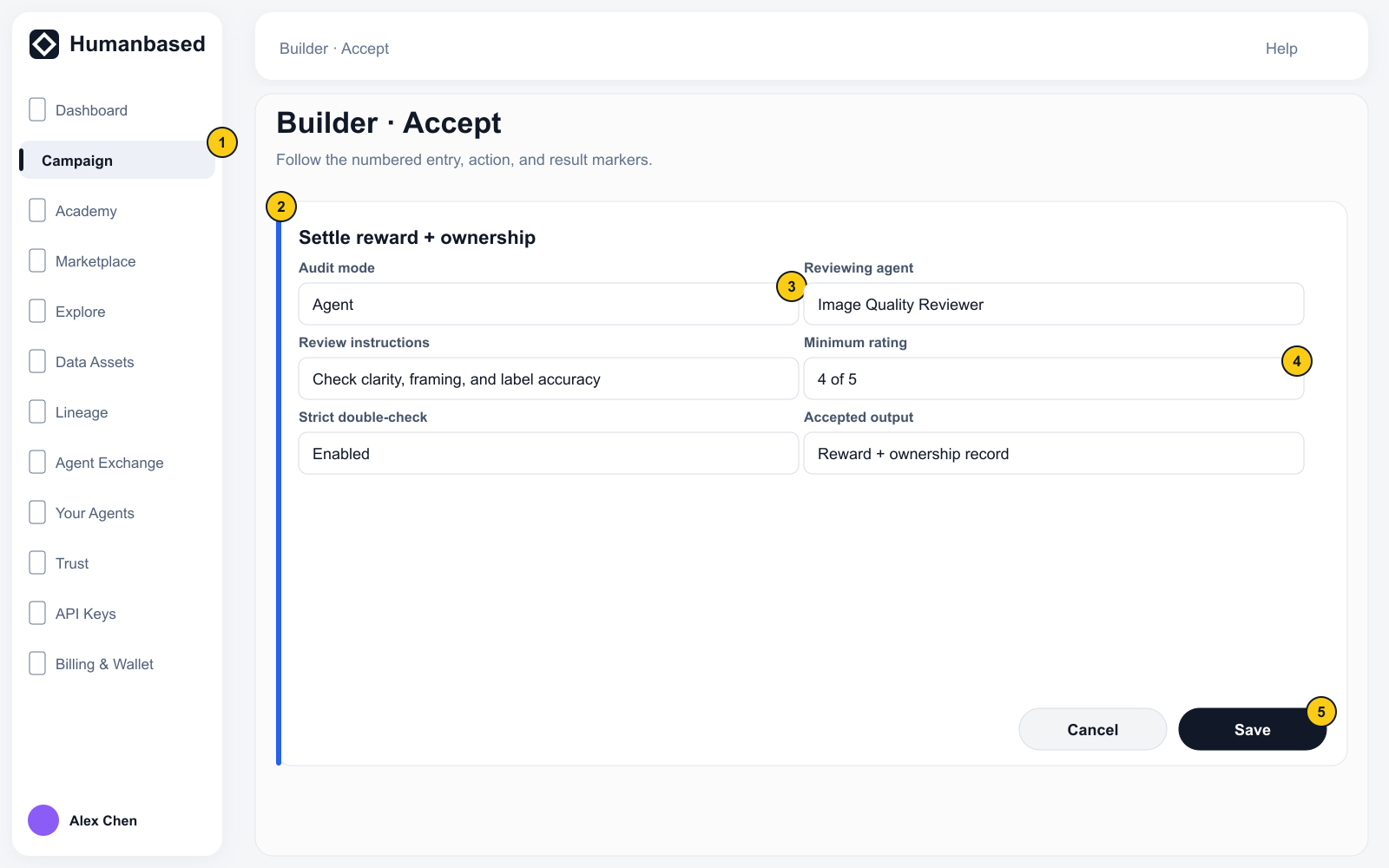 Accept configuration with review mode, reviewer, Instructions, threshold, and Save.