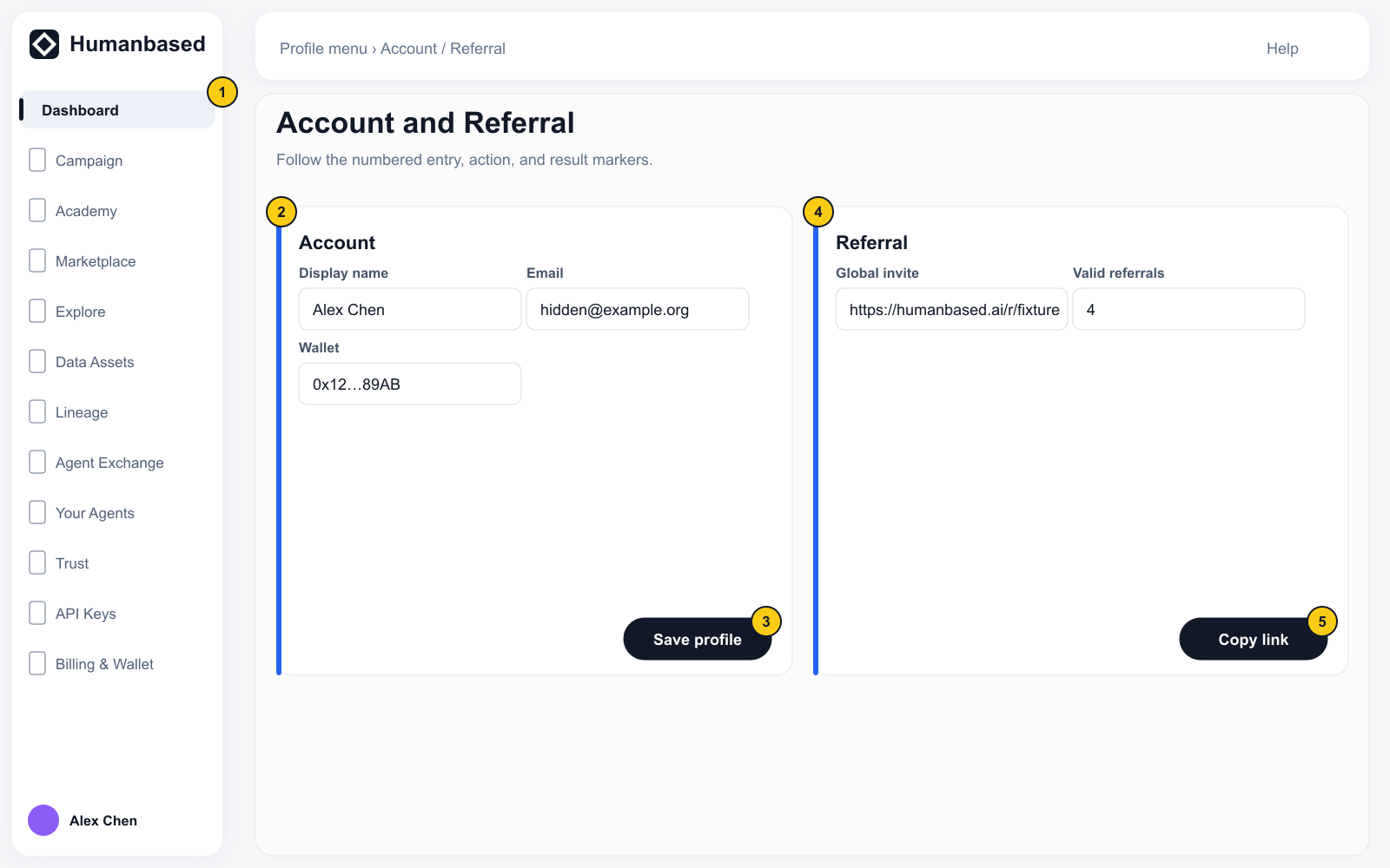 Account and Referral with masked public fixture contact and wallet data, Save profile, invitation link, and Copy link.