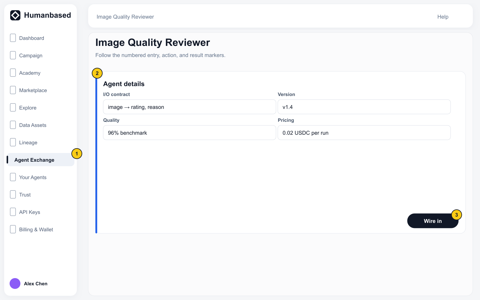 Agent Detail with I/O contract, version, quality, pricing, and Wire in. This public fixture does not imply open third-party listing.