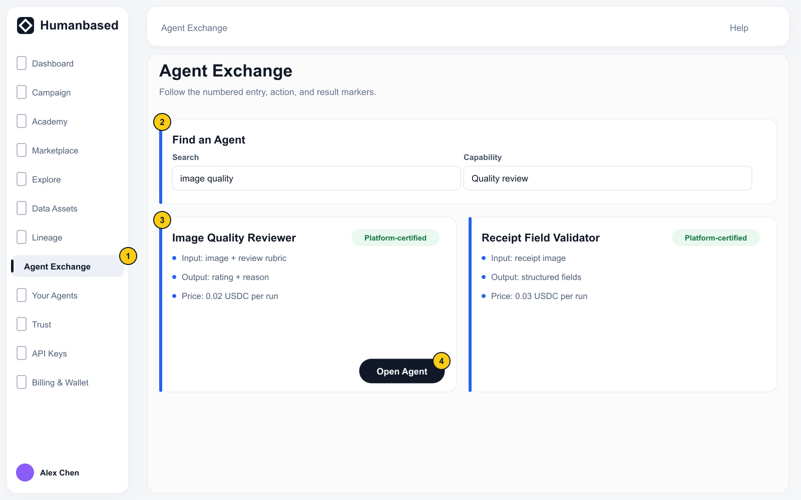 Agent Exchange with complete navigation, search and capability filters, public platform-certified Agent cards, and the Agent Detail entry.