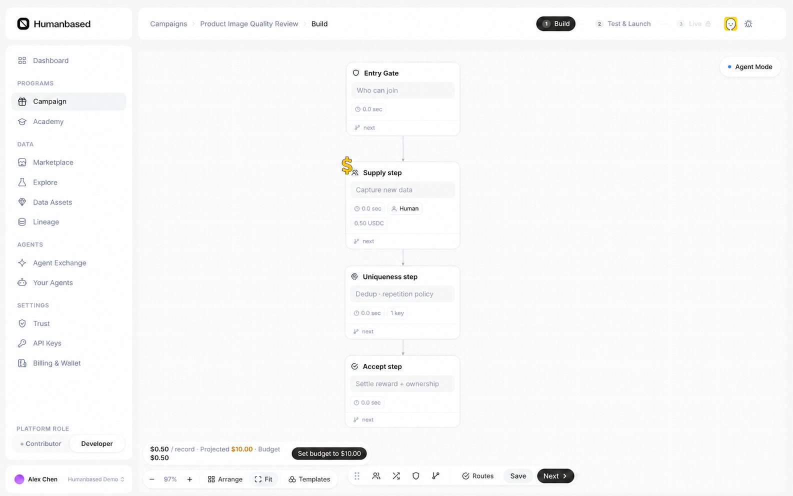 Complete Developer Builder with the Humanbased navigation, node toolbar, Pipeline, checklist, and save controls