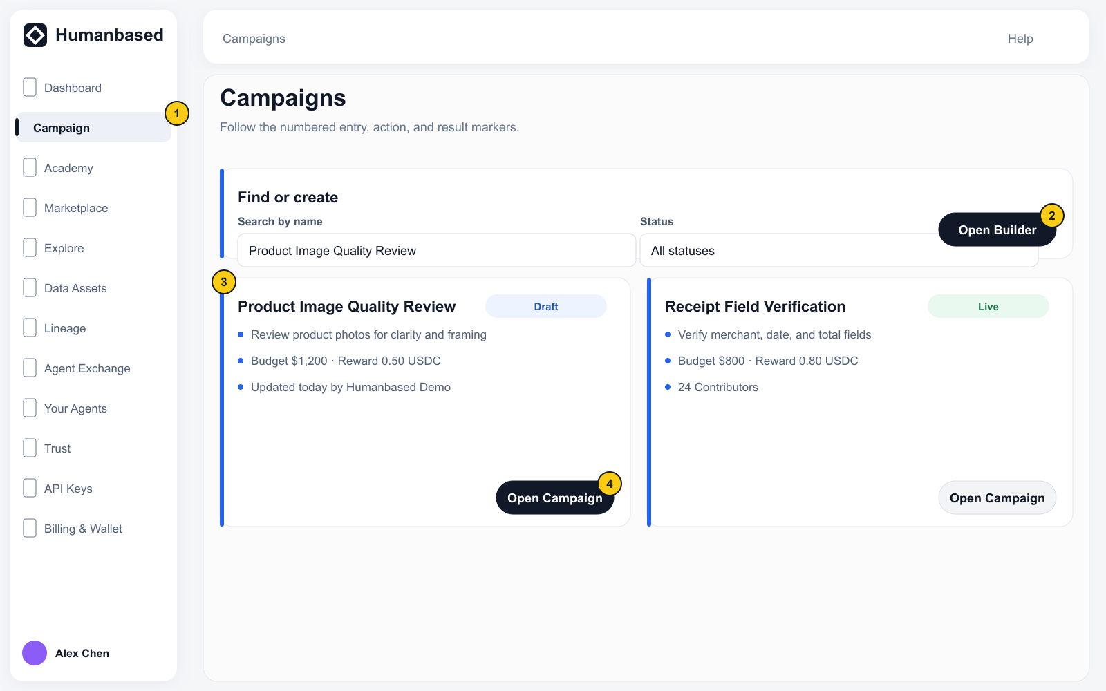Campaign list with the Campaign navigation entry, Open Builder, Draft card, and Campaign workspace entry.