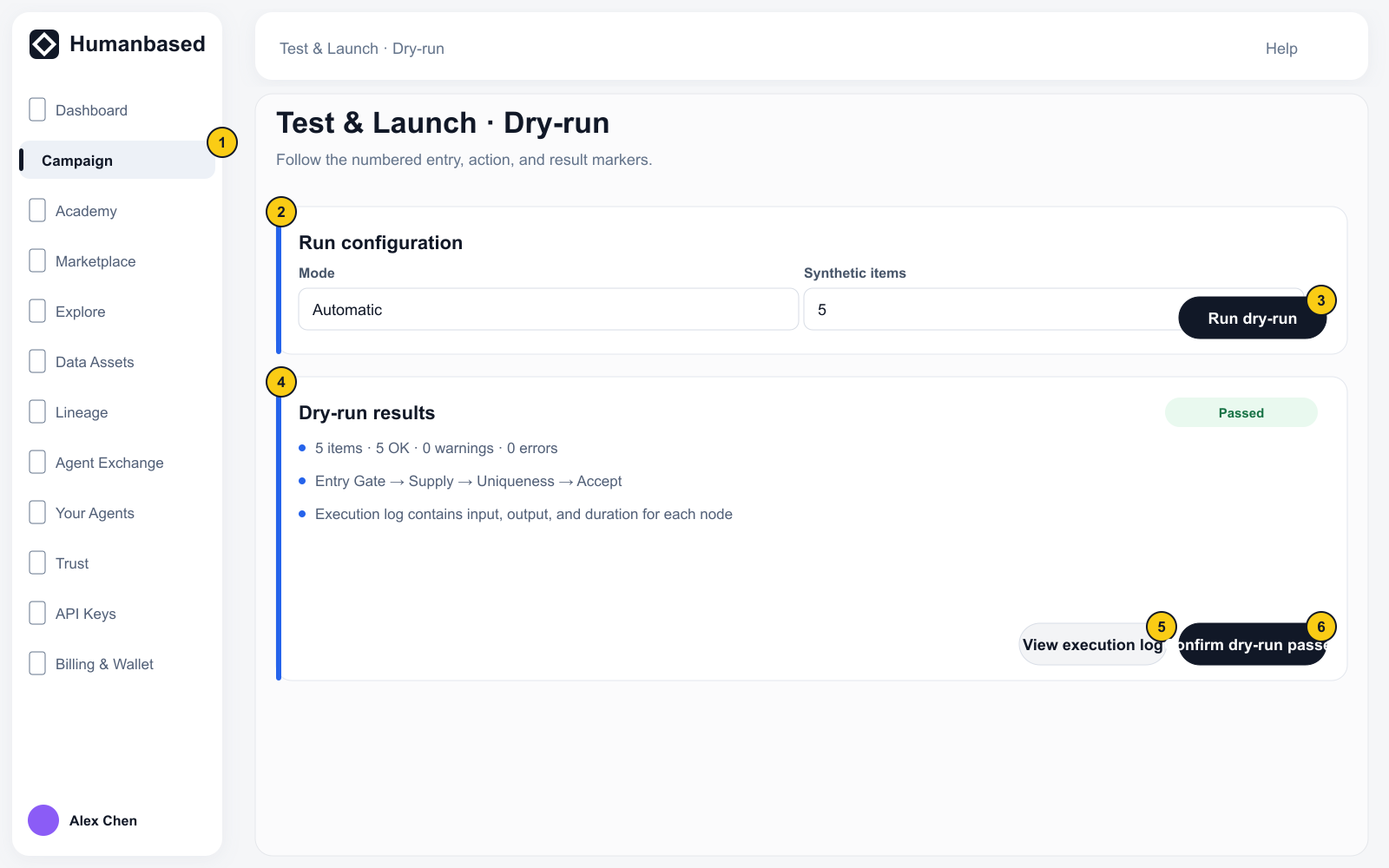 Dry-run stage with the run action, node-level result, execution log, and confirmation action.