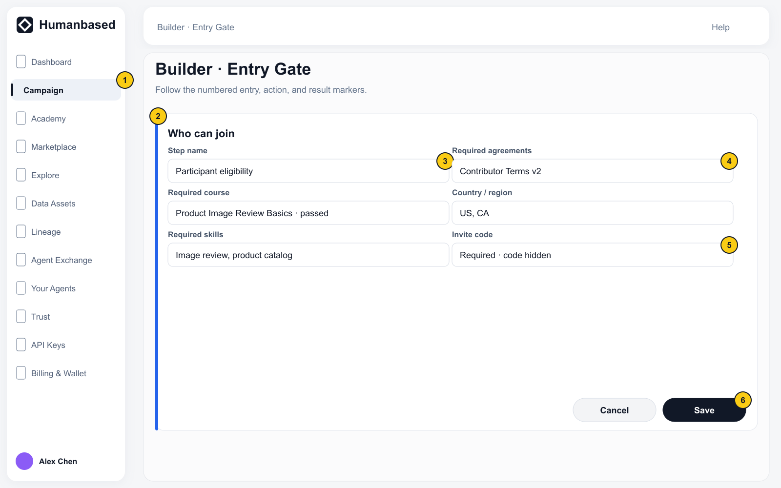 Entry Gate configuration with agreements, course, Contributor profile, invite-code state, and Save.