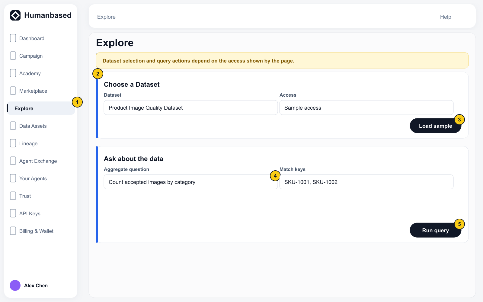 Conditional Explore view with Dataset selection, access state, sample-loading entry, aggregate question, Match keys, and Run query.