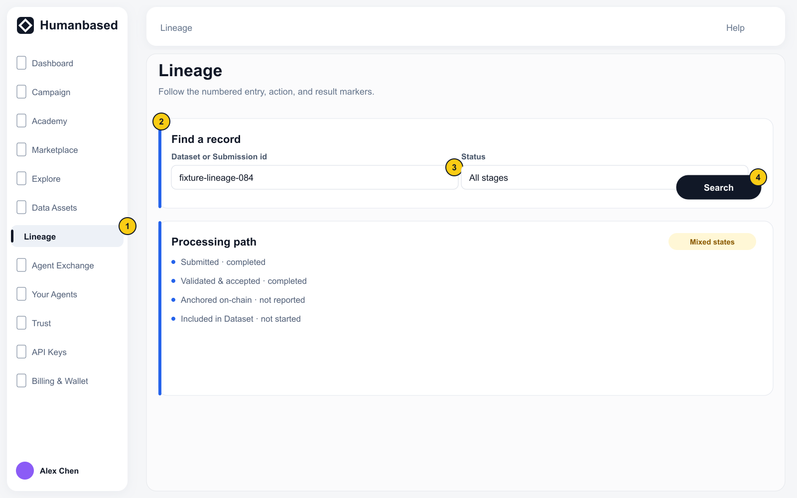 Lineage view with the search entry and independently reported processing-stage states.