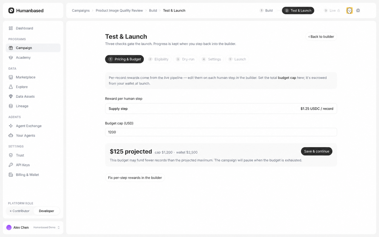 Complete Pricing and Budget stage with fixture Reward, budget cap, projected spend, and available balance