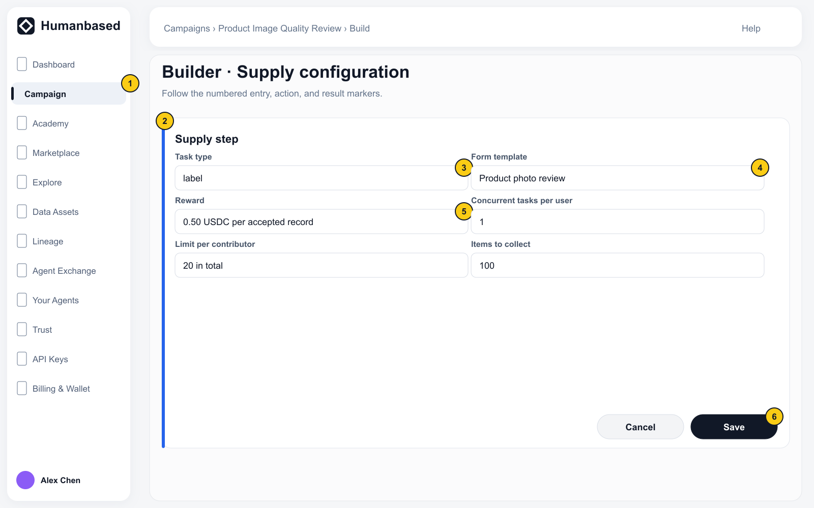 Supply configuration with the complete Builder context. Markers 1–6 show Campaign navigation, the Supply panel, required Task fields, and Save.