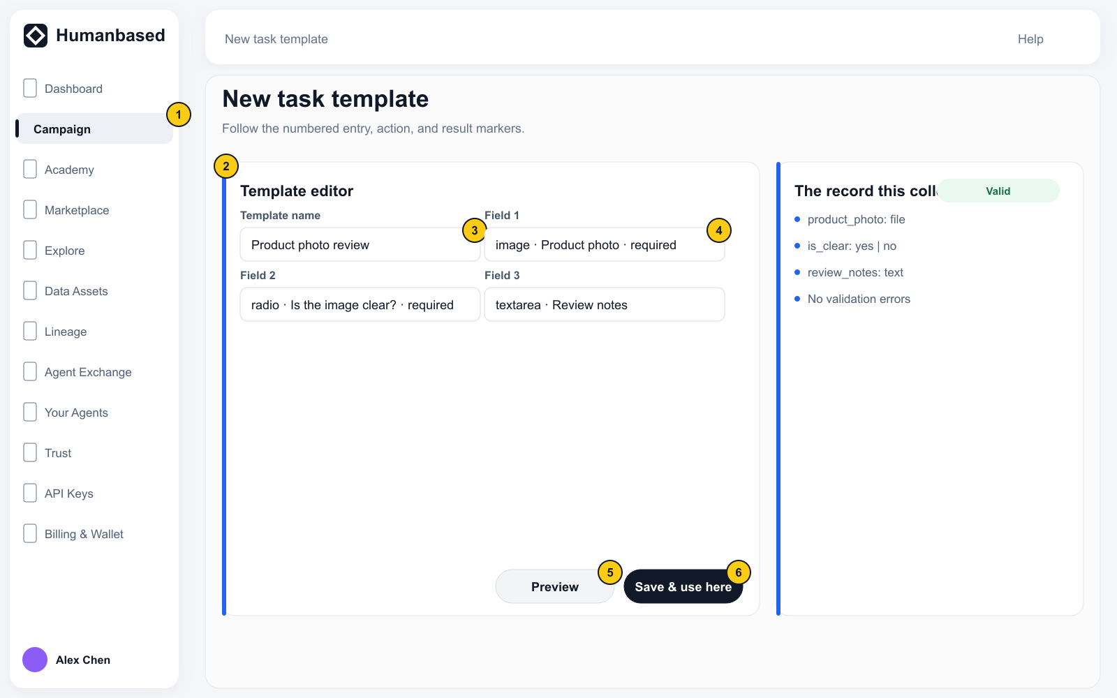 Task-template editor with Template name, fields, Preview, collected record, validation state, and Save & use here.